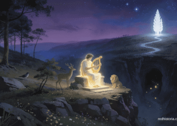 Imagen ilustrada de Orfeo tocando la lira en el umbral del inframundo, representación del orfismo y los misterios órficos en la antigua Grecia.