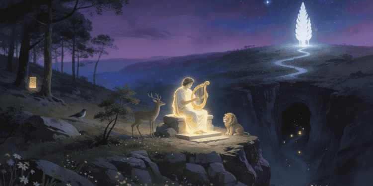 Imagen ilustrada de Orfeo tocando la lira en el umbral del inframundo, representación del orfismo y los misterios órficos en la antigua Grecia.