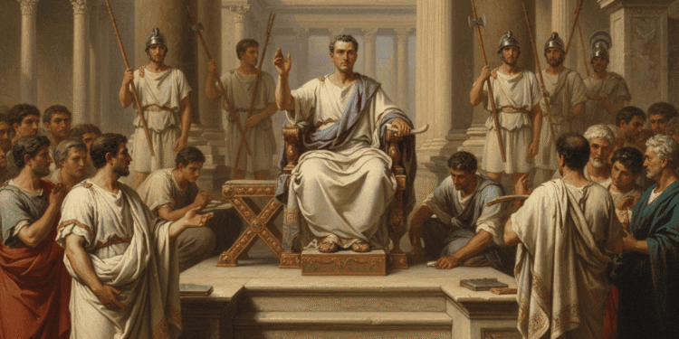 Pretores romanos. Aquí, un pretor en toga praetexta juzgando casos de ciudadanos. Escena de justicia romana con lictores custodiando la corte.