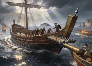 Batalla naval romana durante la primera guerra púnica: legionarios cruzando el corvus para abordar una nave cartaginesa