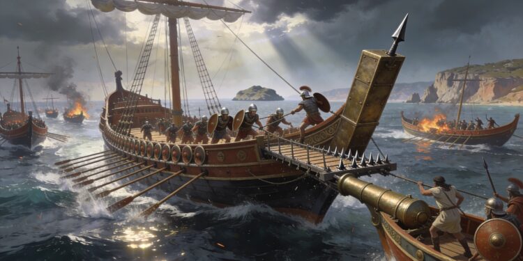 Batalla naval romana durante la primera guerra púnica: legionarios cruzando el corvus para abordar una nave cartaginesa