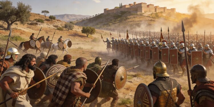 Los pueblos hispanos en las guerras púnicas tuvieron una participación fundamental. Pueblos ibéricos con escudos tradicionales y caballería enfrentándose a tropas romanas organizadas. Paisaje mediterráneo árido de Hispania con ciudad fortificada al fondo. Siglo III a.C.