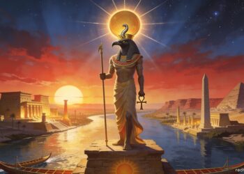 Ra, dios sol del antiguo Egipto, representado con cabeza de halcón y disco solar radiante, flanqueado por barcas solares Mandjet y Mesektet, con el Nilo, pirámides, obeliscos y templos de Egipto al amanecer / atardecer