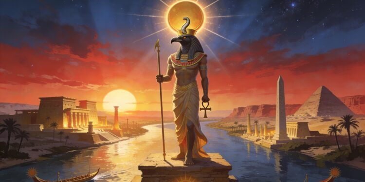 Ra, dios sol del antiguo Egipto, representado con cabeza de halcón y disco solar radiante, flanqueado por barcas solares Mandjet y Mesektet, con el Nilo, pirámides, obeliscos y templos de Egipto al amanecer / atardecer