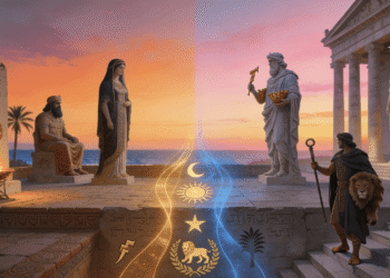 Sincretismo fenicio-púnico y greco-romano representado mediante dioses orientales (Ba'al Hammon, Tanit) transformándose en divinidades grecorromanas (Saturno, Juno, Heracles) a través de símbolos fusionados de media luna, sol, estrella y león.