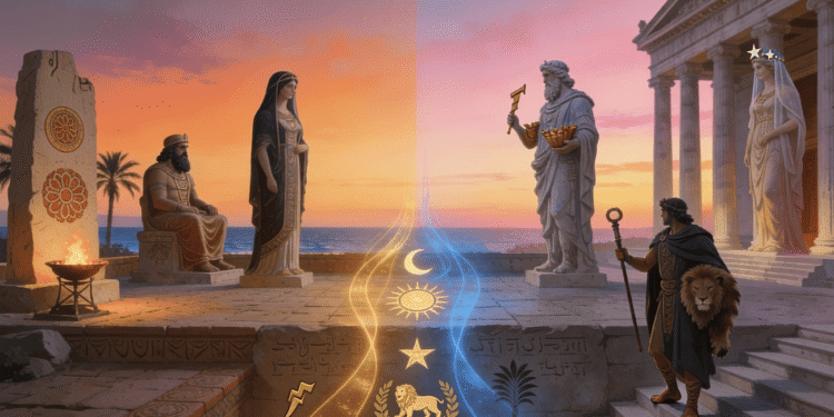 Sincretismo fenicio-púnico y greco-romano representado mediante dioses orientales (Ba'al Hammon, Tanit) transformándose en divinidades grecorromanas (Saturno, Juno, Heracles) a través de símbolos fusionados de media luna, sol, estrella y león.