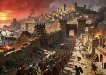 Legiones romanas entrando en Cartago durante el asedio final de la tercera guerra púnica (146 a.C.)