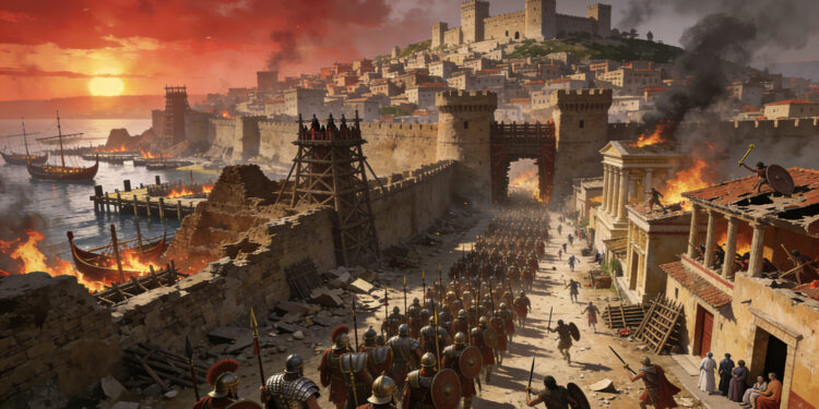 Legiones romanas entrando en Cartago durante el asedio final de la tercera guerra púnica (146 a.C.)