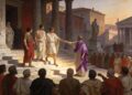 Tribuno romano en púrpura defendiendo a plebeyos ante magistrados patricios en una asamblea pública del Foro.