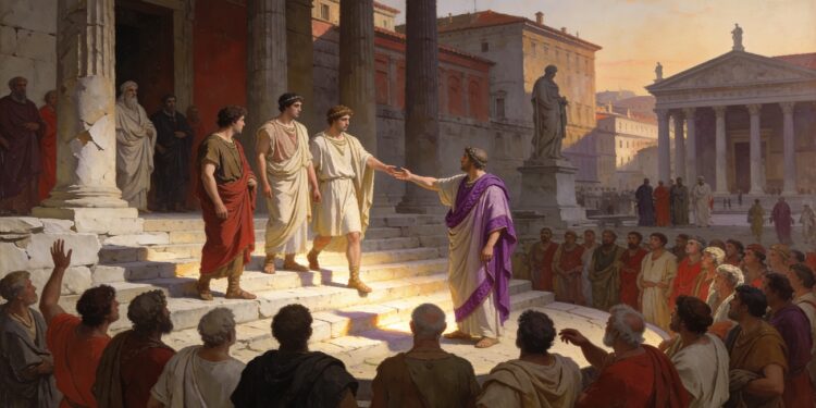 Tribuno romano en púrpura defendiendo a plebeyos ante magistrados patricios en una asamblea pública del Foro.