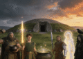 Los principales dioses de los Tuatha Dé Danann con los cuatro tesoros sagrados frente a un túmulo megalítico irlandés