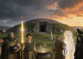 Los principales dioses de los Tuatha Dé Danann con los cuatro tesoros sagrados frente a un túmulo megalítico irlandés