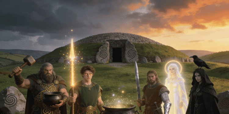 Los principales dioses de los Tuatha Dé Danann con los cuatro tesoros sagrados frente a un túmulo megalítico irlandés