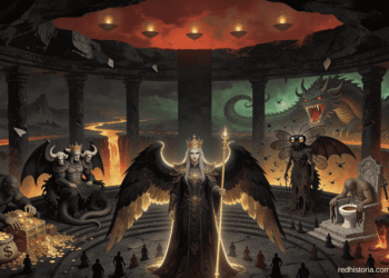 Los 7 príncipes del infierno reunidos en la corte, cada uno representando uno de los siete pecados capitales