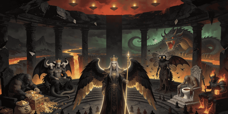 Los 7 príncipes del infierno reunidos en la corte, cada uno representando uno de los siete pecados capitales