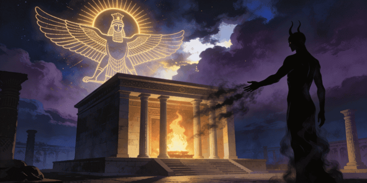 Angra Mainyu como silueta oscura amenazando el templo del fuego zoroástrico, con el símbolo del Faravahar de Ahura Mazda brillando en el cielo nocturno