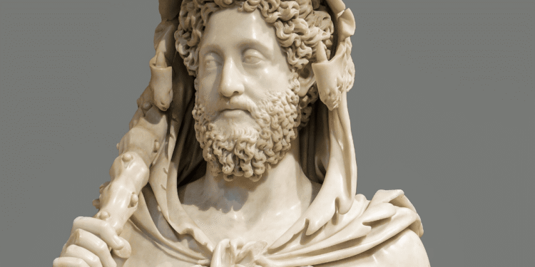 Busto de mármol del emperador romano Cómodo (180-192 d.C.), mostrando su rostro con barba rizada y un león sobre los hombros, símbolo de su identificación con Hércules.