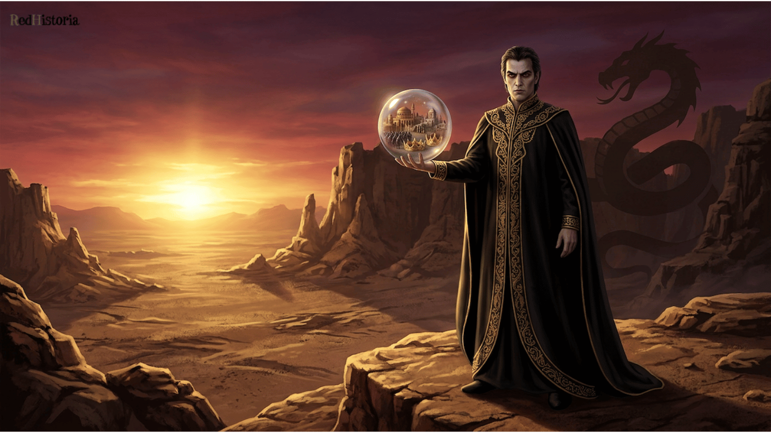 Satanás príncipe de este mundo sosteniendo un orbe con los reinos de la tierra en el desierto, con la sombra del dragón del Apocalipsis