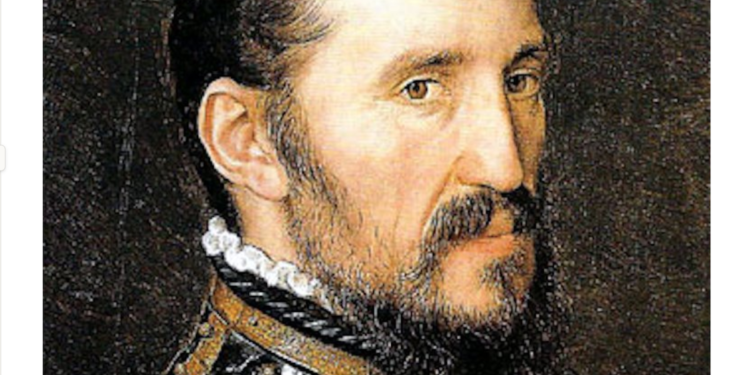 Francisco Vázquez de Coronado, conquistador español del siglo XVI, retrato histórico de perfil mostrando su vestimenta militar dorada y característica barba