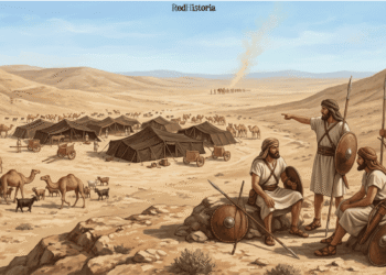 Reconstrucción de campamento de los amalecitas nómada en el desierto del Negev, mostrando guerreros con escudos y lanzas vigilando rebaños de ovejas, cabras y camellos, mientras una caravana se aproxima en el horizonte