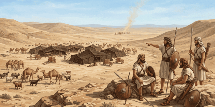 Reconstrucción de campamento de los amalecitas nómada en el desierto del Negev, mostrando guerreros con escudos y lanzas vigilando rebaños de ovejas, cabras y camellos, mientras una caravana se aproxima en el horizonte