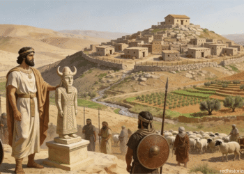 Estatua Milcom dios de los amonitas cuernos toro, vestida patrones levantinos. Rey amonita presentando deidad, soldados Transjordania, ciudad Rabá Ammón colina, río Ammán, agricultura olivos, reino amonita Levante oriental.