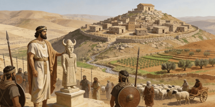 Estatua Milcom dios de los amonitas cuernos toro, vestida patrones levantinos. Rey amonita presentando deidad, soldados Transjordania, ciudad Rabá Ammón colina, río Ammán, agricultura olivos, reino amonita Levante oriental.