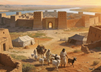 Reconstrucción de un asentamiento amorrita fortificado a orillas del Eufrates, mostrando la síntesis entre tradición nómada y sedentaria: una fortaleza mesopotamica de adobo con torres almenadas domina el horizonte, mientras pastores amorritas conducen rebaños de ovejas, cabras y camellos hacia tiendas nómadas acampadas en la base de la fortaleza.