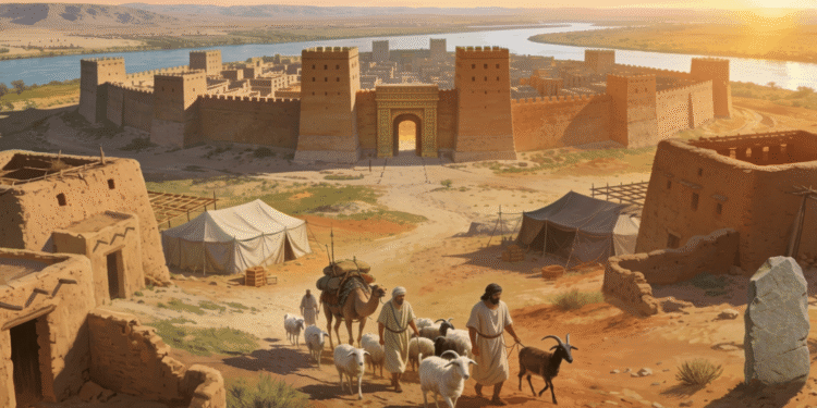 Reconstrucción de un asentamiento amorrita fortificado a orillas del Eufrates, mostrando la síntesis entre tradición nómada y sedentaria: una fortaleza mesopotamica de adobo con torres almenadas domina el horizonte, mientras pastores amorritas conducen rebaños de ovejas, cabras y camellos hacia tiendas nómadas acampadas en la base de la fortaleza.