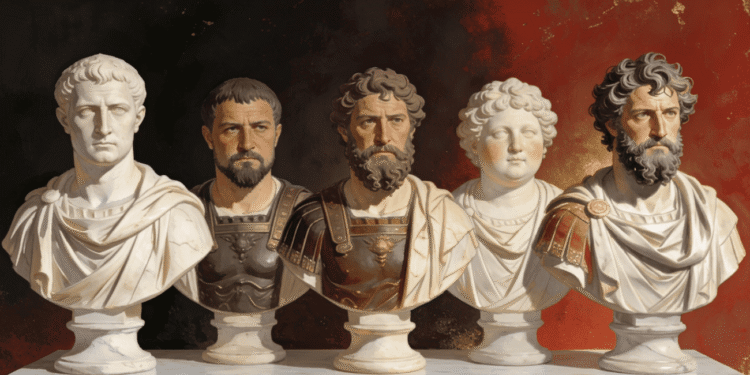 Cinco bustos de emperadores romanos del siglo III, representando a los cinco emperadores del año 192-193 dC: Cómodo, Pertinax, Didio Juliano, Pescenio Níger y Clodio Albino, sobre un fondo degradado de negro a rojo y dorado que simboliza el caos de la anarquía imperial romana