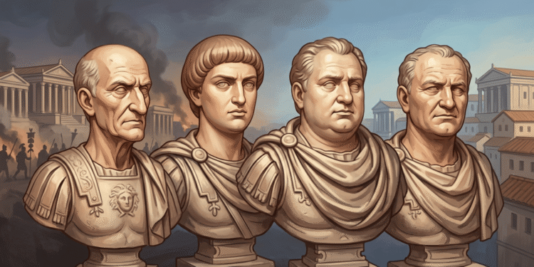 Cuatro bustos del año de los cuatro emperadores del 69 d.C.: Galba (anciano), Otón (joven), Vitelio (militar fuerte) y Vespasiano (veterano), con Roma antigua, templos y legiones en caos de fondo durante la guerra civil.