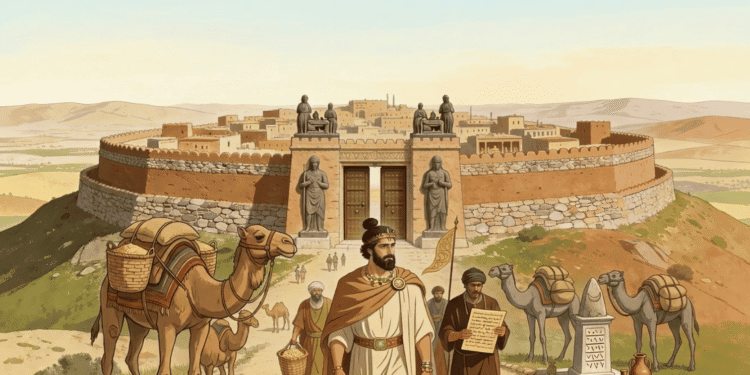 Ciudad-estado aramea amurallada con camellos, comerciantes y escriba con tablilla aramea. Damasco y oasis del Levante norte antiguo (1200-332 a.C.)