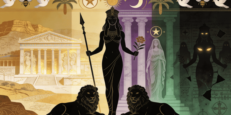 Astarté representada en tres etapas: diosa fenicia con leones, lanza y flor en dorado; su versión greco-romana identificada con Afrodita en púrpura; y su demonización medieval como Astaroth en verde oscuro