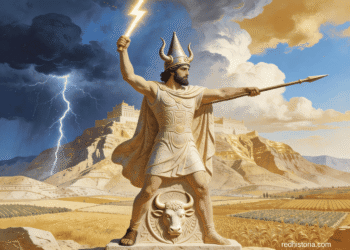 Baal Hadad, dios cananeo de la tormenta, de pie sobre un toro con rayo y lanza, ante un paisaje de campos fértiles y tormenta, según la iconografía de los textos de Ugarit