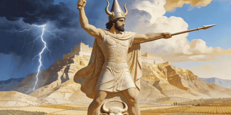 Baal Hadad, dios cananeo de la tormenta, de pie sobre un toro con rayo y lanza, ante un paisaje de campos fértiles y tormenta, según la iconografía de los textos de Ugarit