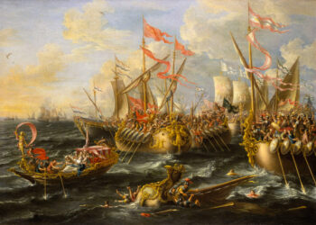 Batalla de Actium del 31 a.C., enfrentamiento naval decisivo entre Octaviano y Marco Antonio frente a las costas de Grecia que puso fin a la República romana.