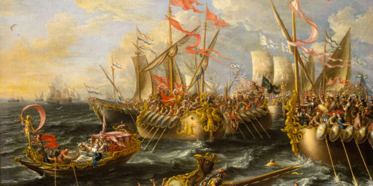 Batalla de Actium del 31 a.C., enfrentamiento naval decisivo entre Octaviano y Marco Antonio frente a las costas de Grecia que puso fin a la República romana.