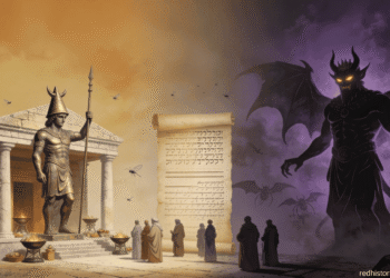 Belcebú: templo filisteo de Ekron, pergamino con escritura semítica y figura demoníaca con alas, representación de la transformación de Baal Zebub en príncipe de los demonios