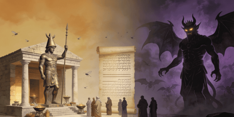 Belcebú: templo filisteo de Ekron, pergamino con escritura semítica y figura demoníaca con alas, representación de la transformación de Baal Zebub en príncipe de los demonios