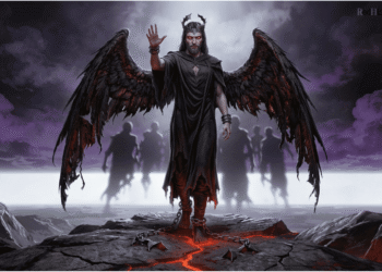 Belial, el Ángel de las Tinieblas, con alas negras rotas, cadenas quebradas y ejército de sombras al fondo, representación del príncipe del mal en los textos de Qumrán