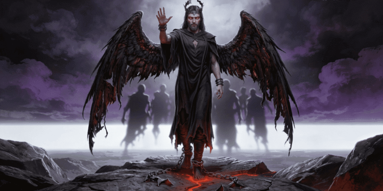 Belial, el Ángel de las Tinieblas, con alas negras rotas, cadenas quebradas y ejército de sombras al fondo, representación del príncipe del mal en los textos de Qumrán