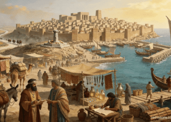 Puerto cananeo de la Edad de Bronce con mercaderes cananeos negociando, barcos comerciales y ánforas de cerámica en el muelle, reflejo de la civilización cananea como intermediaria comercial mediterránea