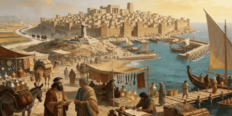 Puerto cananeo de la Edad de Bronce con mercaderes cananeos negociando, barcos comerciales y ánforas de cerámica en el muelle, reflejo de la civilización cananea como intermediaria comercial mediterránea