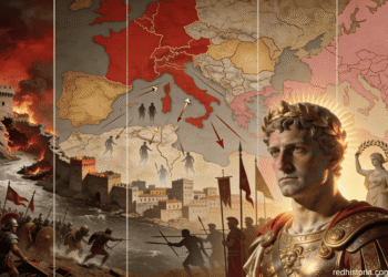 Representación visual de la Crisis del Siglo III: mapa del Imperio Romano fragmentado mostrando territorios perdidos en rojo y áreas de control debilitado, con invasiones bárbaras representadas mediante flechas, ciudades en llamas, castillos destruidos, y un general romano en primer plano simbolizando la militarización del poder imperial durante la anarquía del siglo III