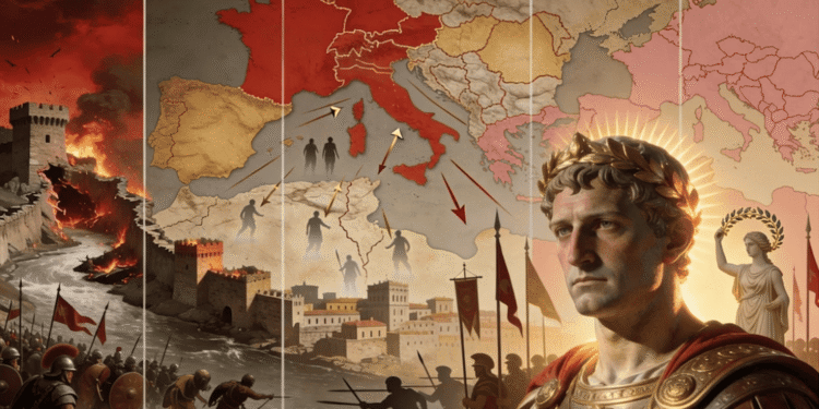 Representación visual de la Crisis del Siglo III: mapa del Imperio Romano fragmentado mostrando territorios perdidos en rojo y áreas de control debilitado, con invasiones bárbaras representadas mediante flechas, ciudades en llamas, castillos destruidos, y un general romano en primer plano simbolizando la militarización del poder imperial durante la anarquía del siglo III