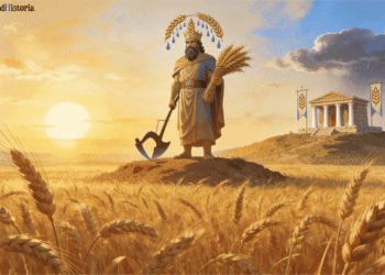 Dagón, dios semítico del grano, con espigas de trigo y hacha sobre un campo de cereales, con su templo al fondo bajo una tormenta