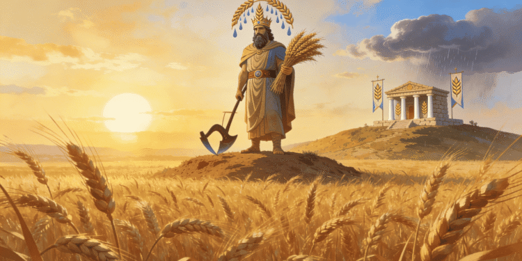 Dagón, dios semítico del grano, con espigas de trigo y hacha sobre un campo de cereales, con su templo al fondo bajo una tormenta