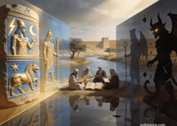 Demonización en el exilio babilónico: dioses babilónicos (izquierda) transformados en demonios (derecha) mientras judíos preservan tradición religiosa mediante estudio de textos sagrados en Mesopotamia