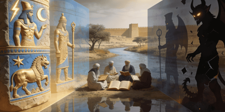 Demonización en el exilio babilónico: dioses babilónicos (izquierda) transformados en demonios (derecha) mientras judíos preservan tradición religiosa mediante estudio de textos sagrados en Mesopotamia