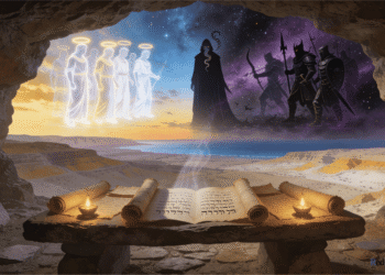 Demonología en los Rollos del Mar Muerto ueva de Qumrán con rollos del Mar Muerto sobre mesa de piedra, y al fondo la guerra cósmica entre los hijos de la luz y el ejército de Belial sobre el paisaje del Mar Muerto